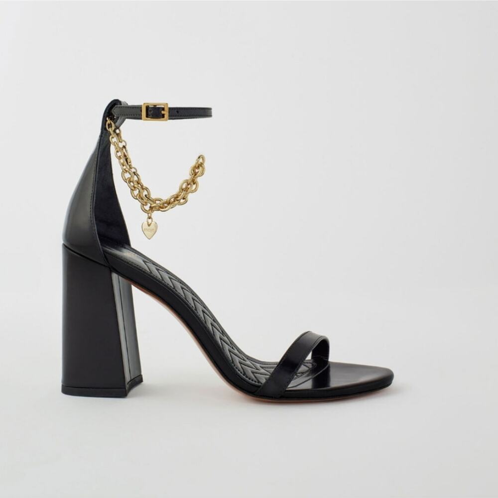 NEW Maje Feverlow Black Patent Leather Gold Chain Heart Heel Sandals EU 39 - Picture 3 of 15